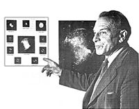 C. E. R. Bruce indicating examples of planetary nebulae which are clearly not simply expanding shells around a central star. Courtesy of E. Crew.