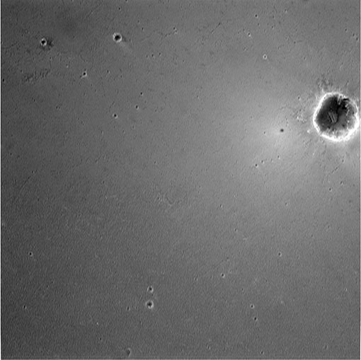 Descent image of 150m crater on Mars