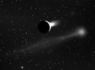 A montage of Enceladus and a comet to emphasize the unexpected similarity of the composition of their jets.